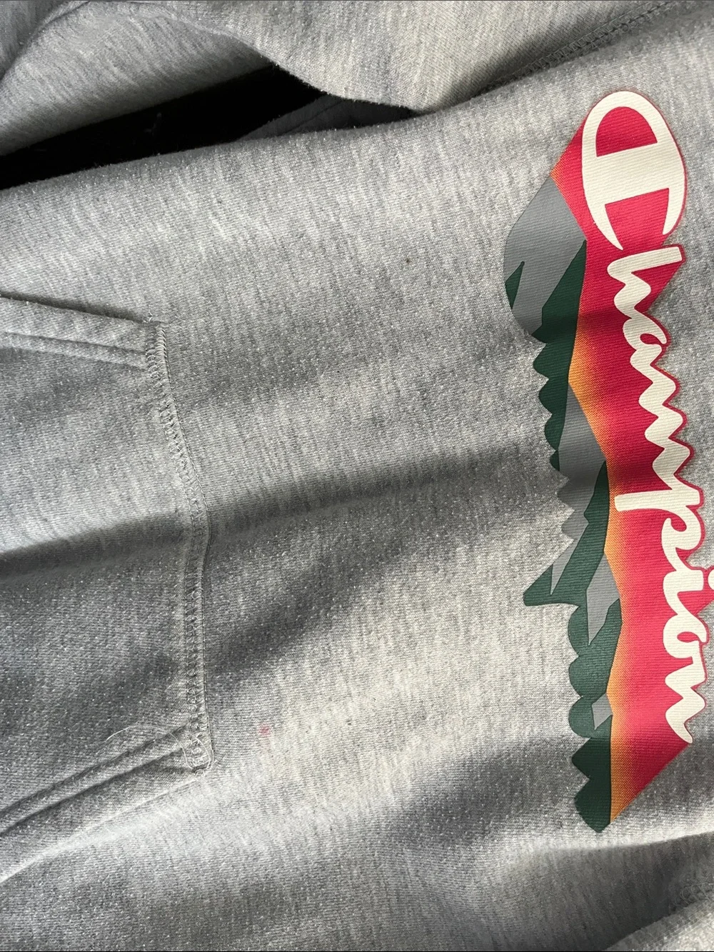 Champion Light Gray Hoodie with Red, Green & White Logo